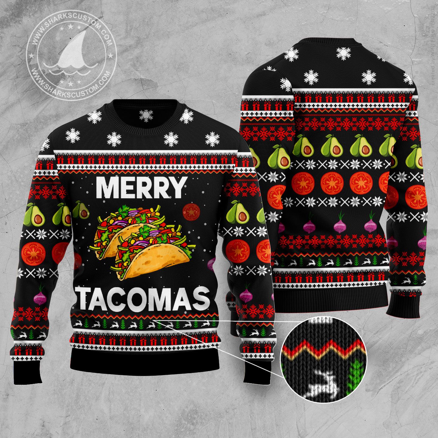 Merry Tacomas Ugly Christmas Sweater, Mexico Tacos Food All-over Printed Christmas Ugly Sweater, Tacos Lover Xmas Crewneck Knitted Ugly Sweater