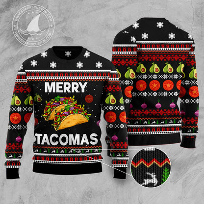 Merry Tacomas Ugly Christmas Sweater, Mexico Tacos Food All-over Printed Christmas Ugly Sweater, Tacos Lover Xmas Crewneck Knitted Ugly Sweater