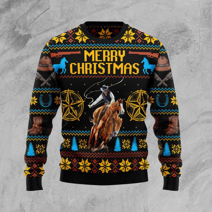 Merry Christmas Rodeo Cowboy Ugly Christmas Sweater, Cowboy Riding Horse All-over Printed Ugly Sweater, Cowboy Crewneck Knitted Ugly Sweaters