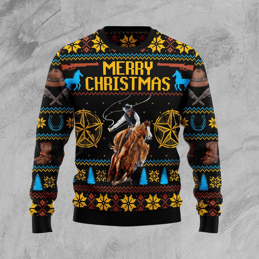 Merry Christmas Rodeo Cowboy Ugly Christmas Sweater, Cowboy Riding Horse All-over Printed Ugly Sweater, Cowboy Crewneck Knitted Ugly Sweaters