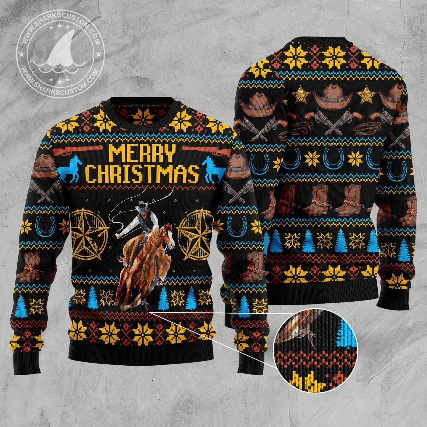 Merry Christmas Rodeo Cowboy Ugly Christmas Sweater, Cowboy Riding Horse All-over Printed Ugly Sweater, Cowboy Crewneck Knitted Ugly Sweaters