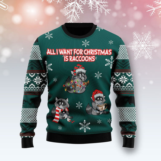 All I Want For Christmas Is Raccoons Ugly Sweater, Cute Raccoons Snowflakes Christmas Ugly Sweater, Raccoons Lover Crewneck Knitted Ugly Sweater