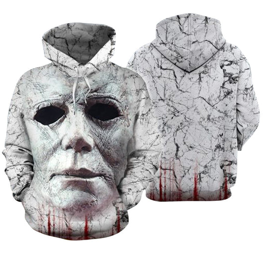 Halloween Michael Myers Face 3D Printed Hoodie, Scary Michael Myers White Pullover Hooded Sweatshirt, Horror Michael Myers Realistic 3D Hoodies