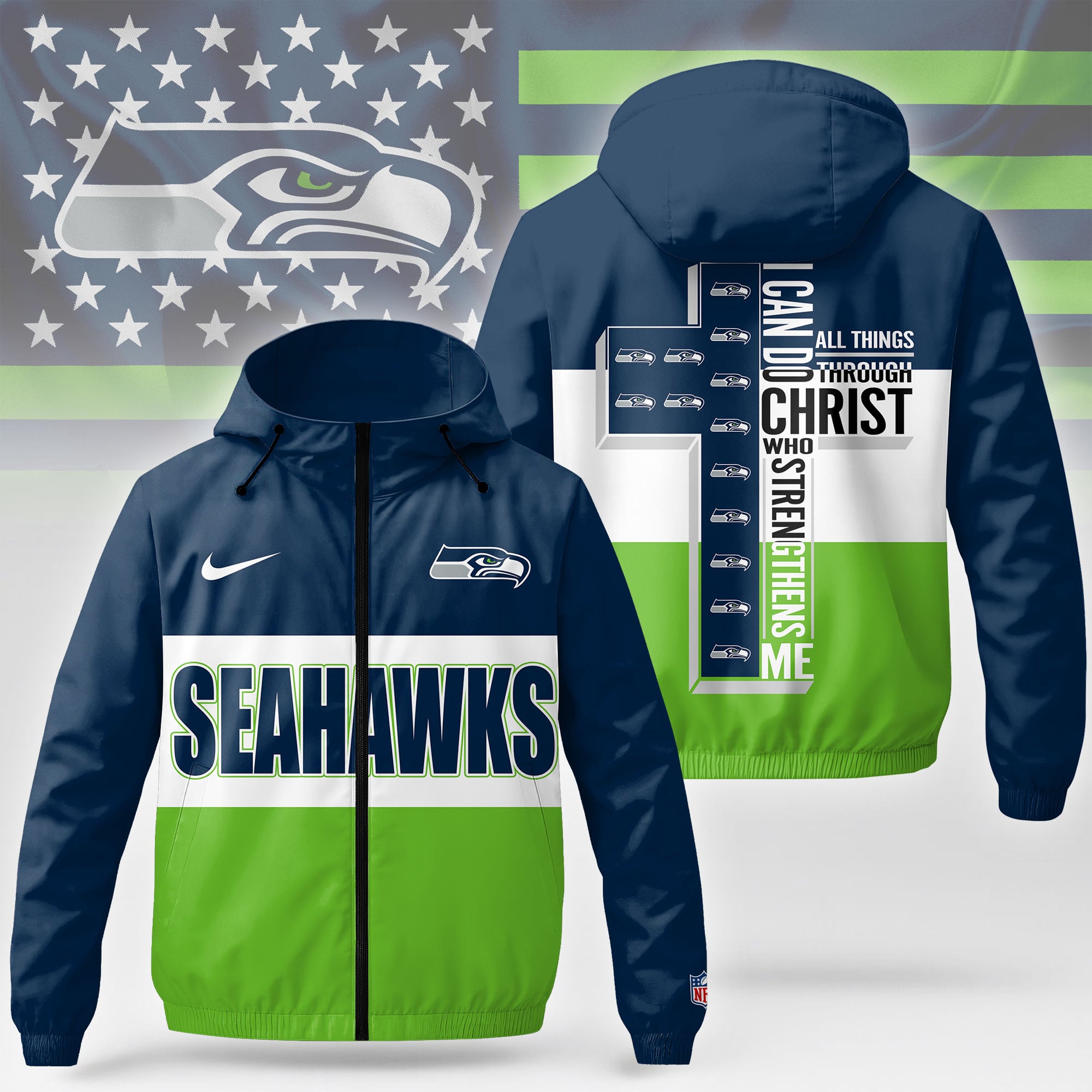 S.seahawks | Premium  Strength Through Christ Windbreaker Jacket Nf1