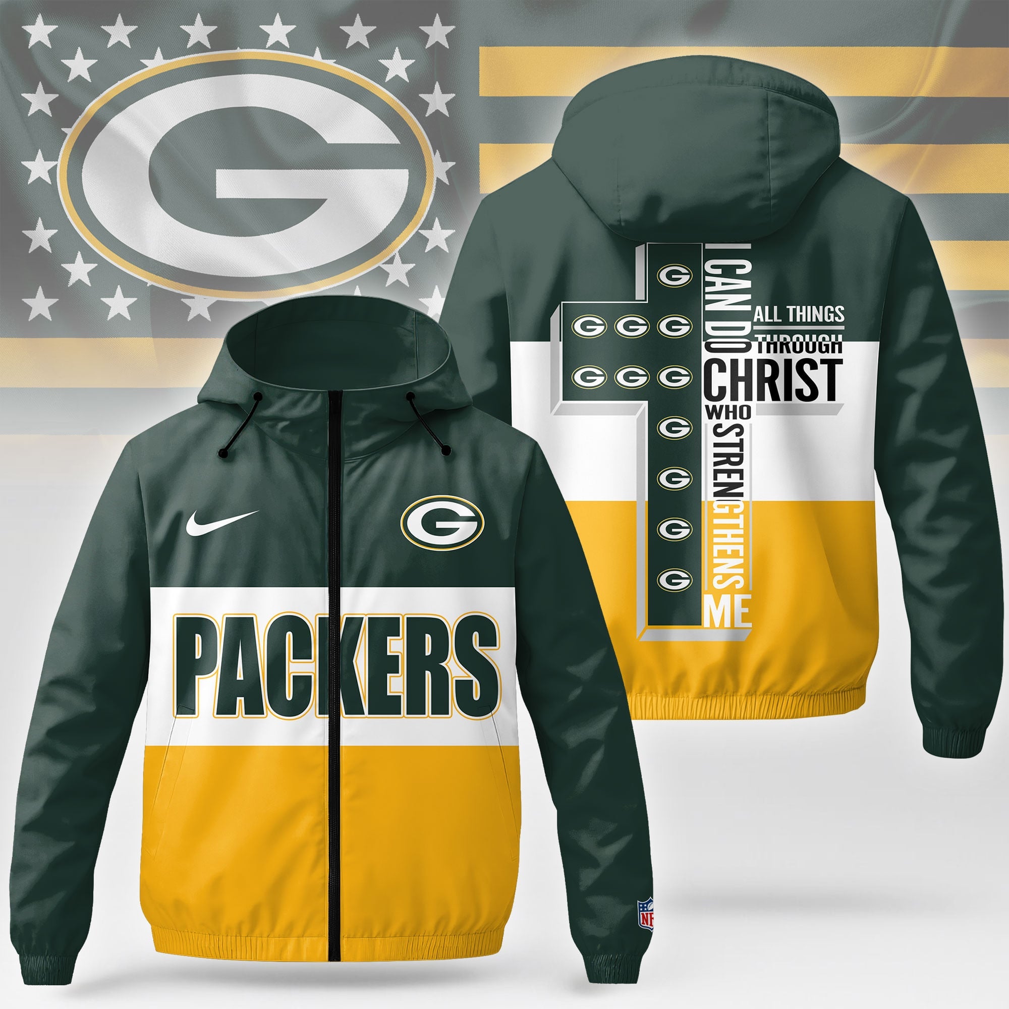 Gb.packers | Premium  Strength Through Christ Windbreaker Jacket Nf1