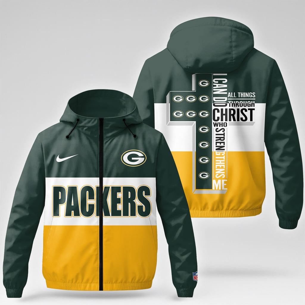 Gb.packers | Premium  Strength Through Christ Windbreaker Jacket Nf1