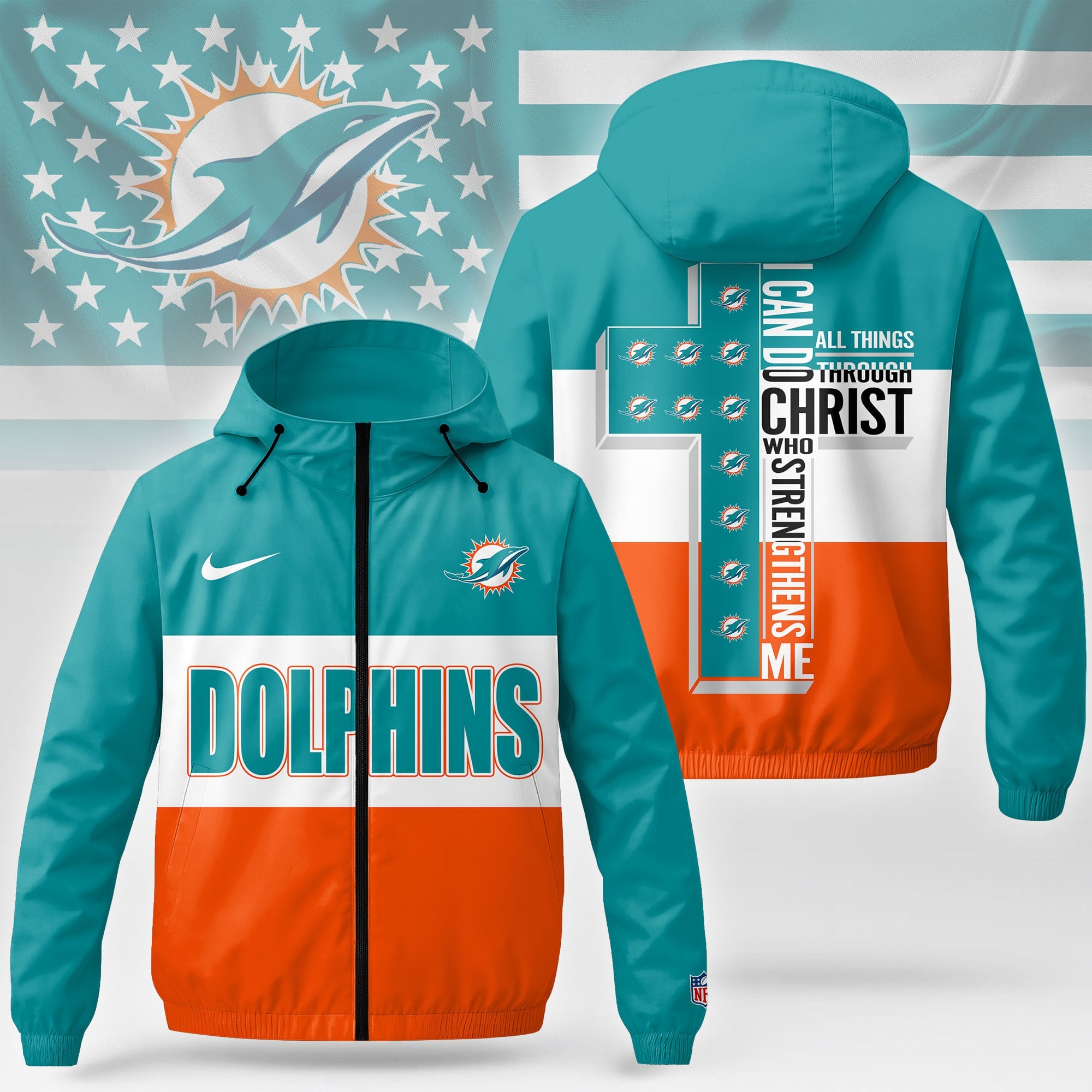 M.dolphins | Premium  Strength Through Christ Windbreaker Jacket Nf1