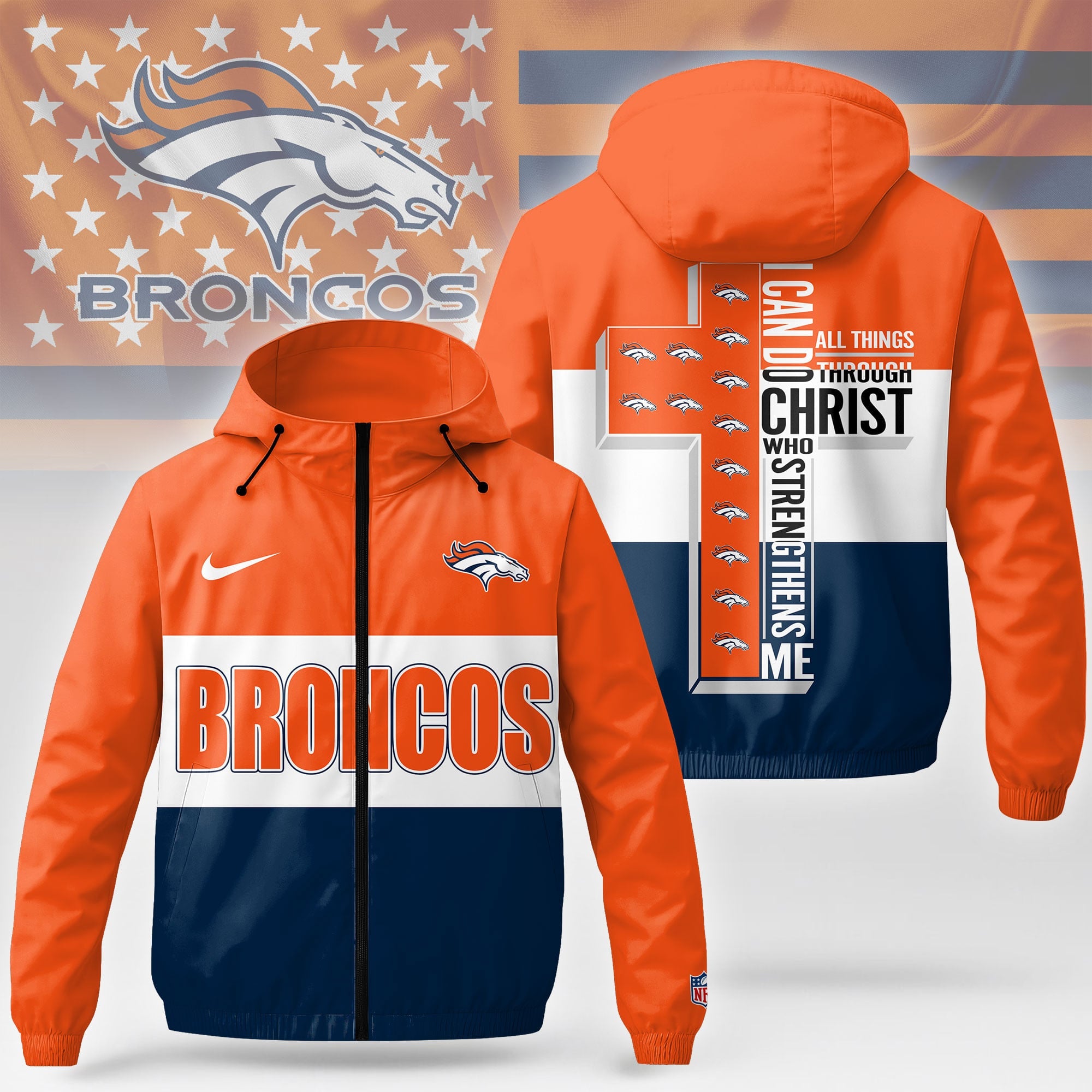 D.broncos | Premium  Strength Through Christ Windbreaker Jacket Nf1