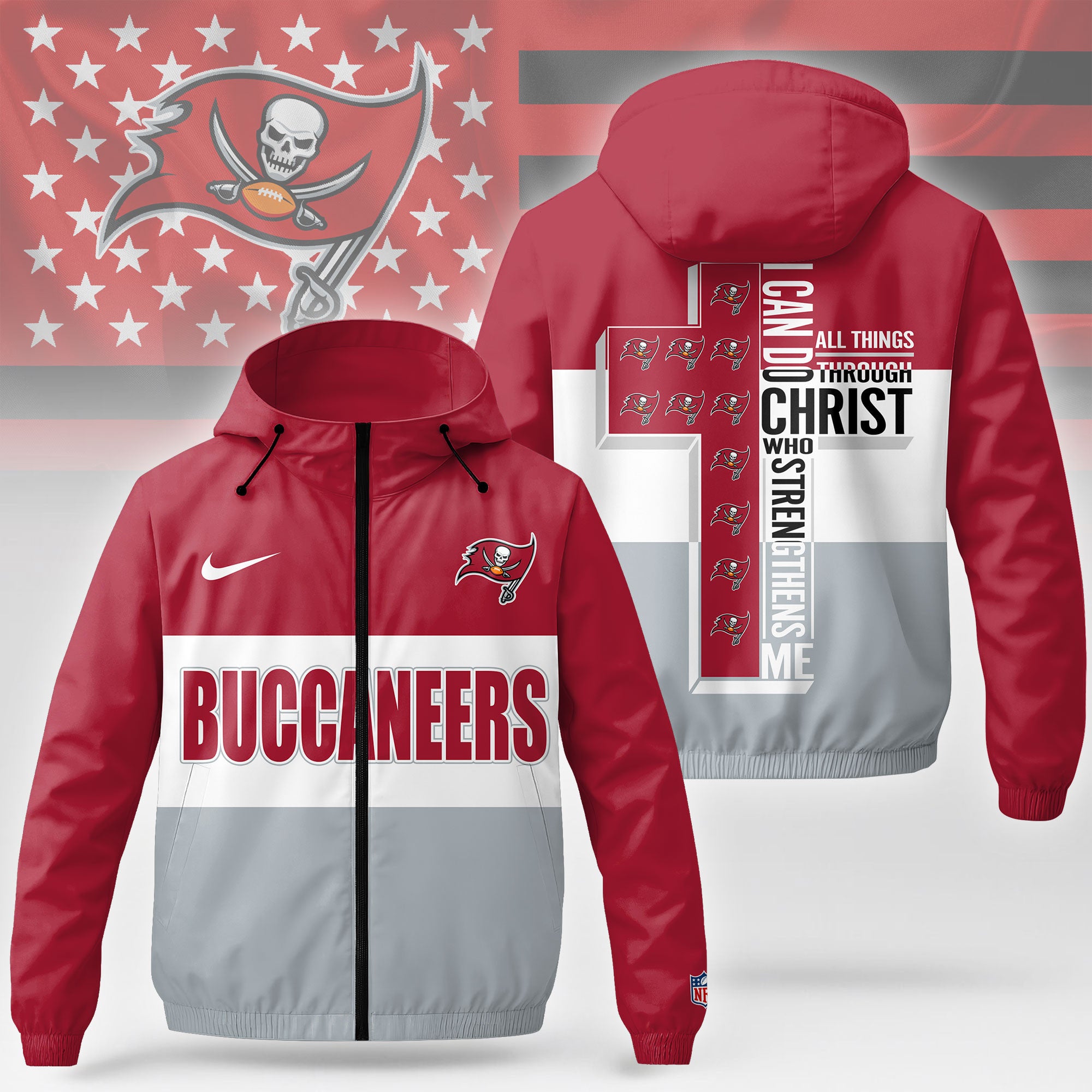 Tb.buccaneers | Premium  Strength Through Christ Windbreaker Jacket Nf1
