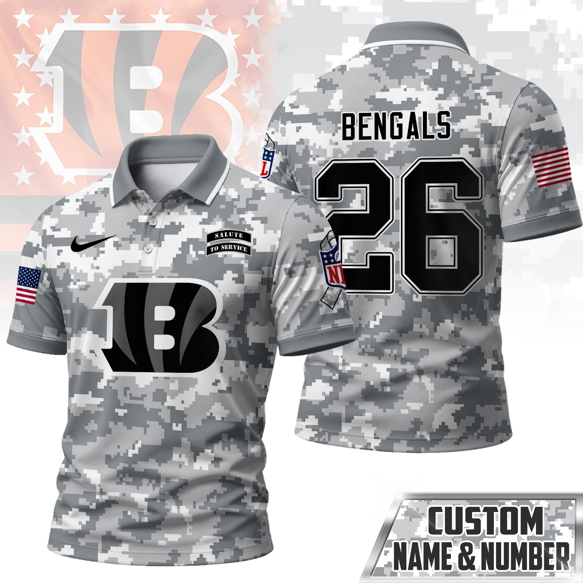 C.bengals | Premium  Salute To Service Camo Polo Shirt Nf1