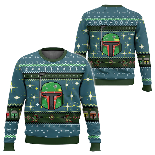 Star Wars Boba Fett Green Ugly Christmas Sweater, Star Wars Boba Fett Snowy Christmas Ugly Sweater, Star Wars Christmas Crewneck Knitted Ugly Sweater