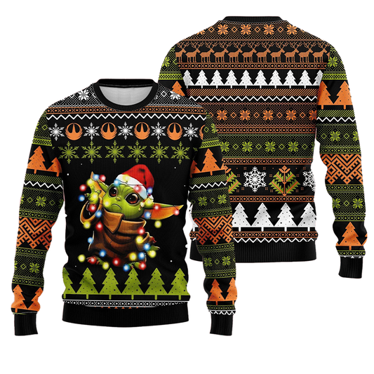 Christmas Lights Baby Yoda Santa Ugly Sweater, Star Wars Grogu Baby Yoda Christmas Ugly Sweater, Star Wars Christmas Crewneck Knitted Ugly Sweater