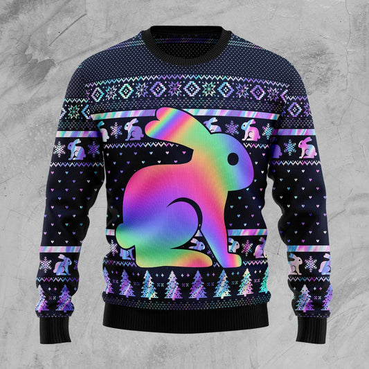 Colorful Rabbit Hologram Ugly Christmas Sweater, Watercolor Rabbit All-over Printed Ugly Sweater, Rabbit Lover Xmas Crewneck Knitted Ugly Sweater