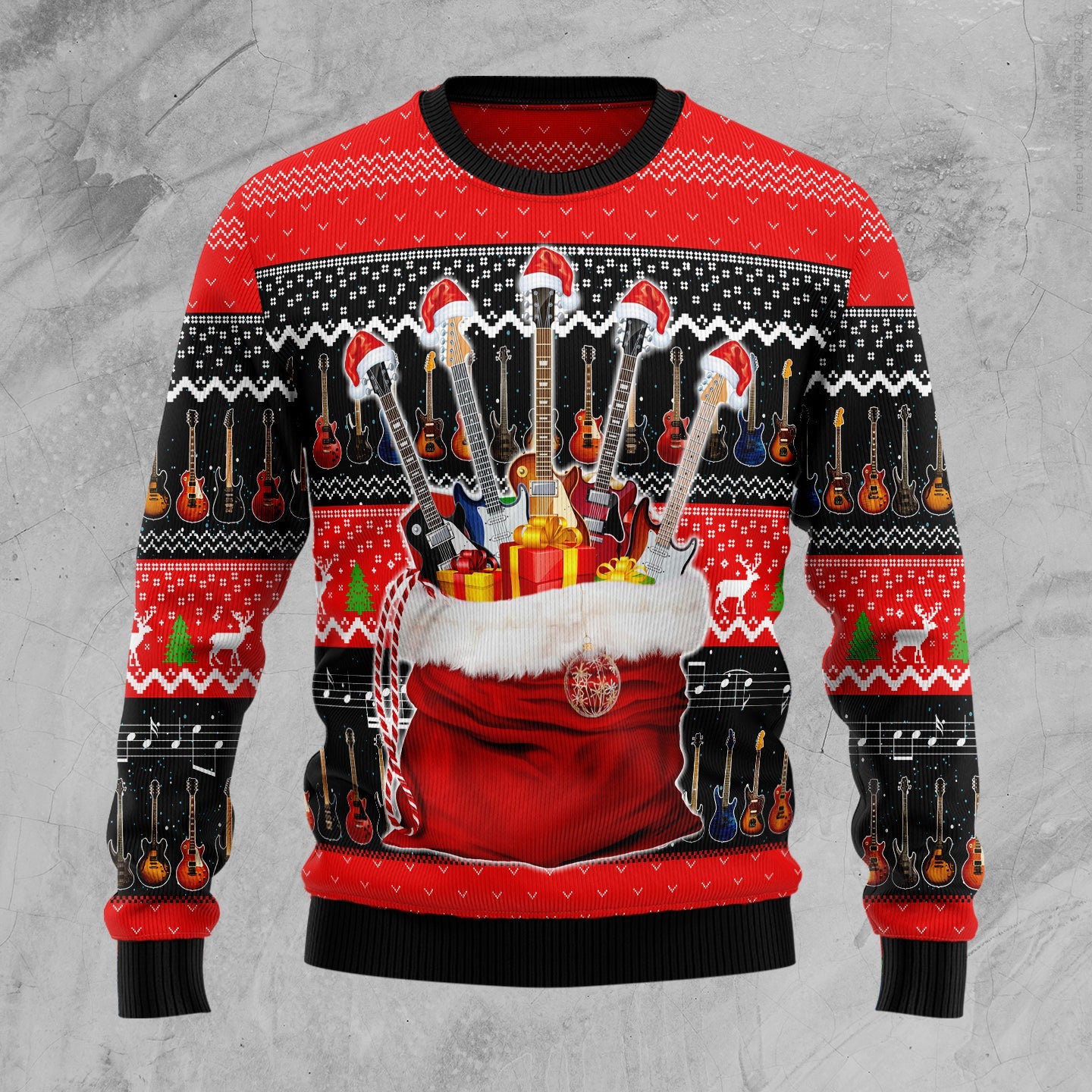 Group Of Guitars In Christmas Bag Gift Ugly Sweater, Guitars Xmas 3d Ugly Christmas Sweater, Guitar Lover Christmas Crewneck Knitted Ugly Sweater