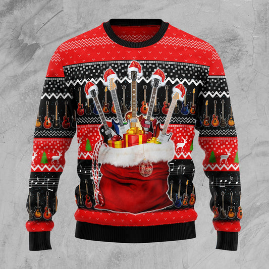 Group Of Guitars In Christmas Bag Gift Ugly Sweater, Guitars Xmas 3d Ugly Christmas Sweater, Guitar Lover Christmas Crewneck Knitted Ugly Sweater