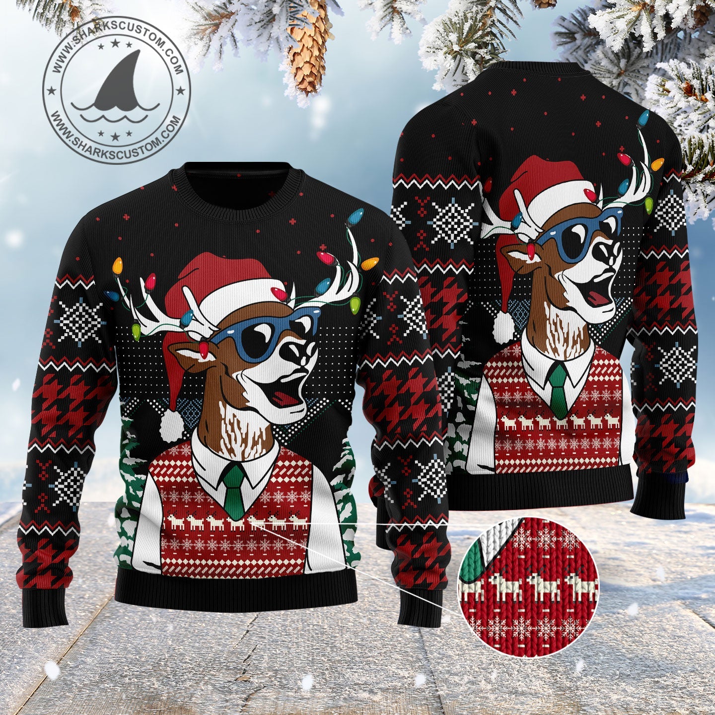 Amazing Deer Ugly Christmas Sweater, Lights Up Christmas Reindeer Ugly Sweater, Christmas Pattern All-over Print Crewneck Knitted Ugly Sweater