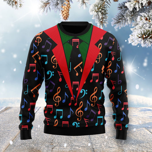 Colorful Music Notes Ugly Christmas Sweater, Music Notes All-over Printed Ugly Sweater, Fake Tie Christmas Crewneck Knitted Ugly Sweater