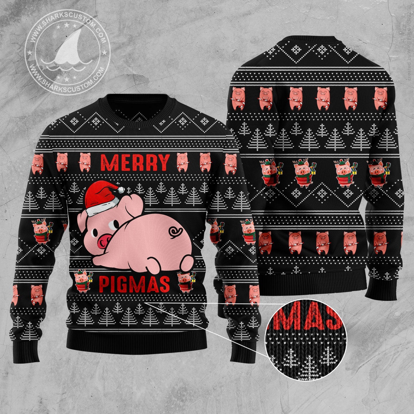 Santa Pig Merry Pigmas Ugly Christmas Sweater, Cute Pig With Santa Hat Christmas Ugly Sweater, Pink Pig Christmas Crewneck Knitted Ugly Sweater