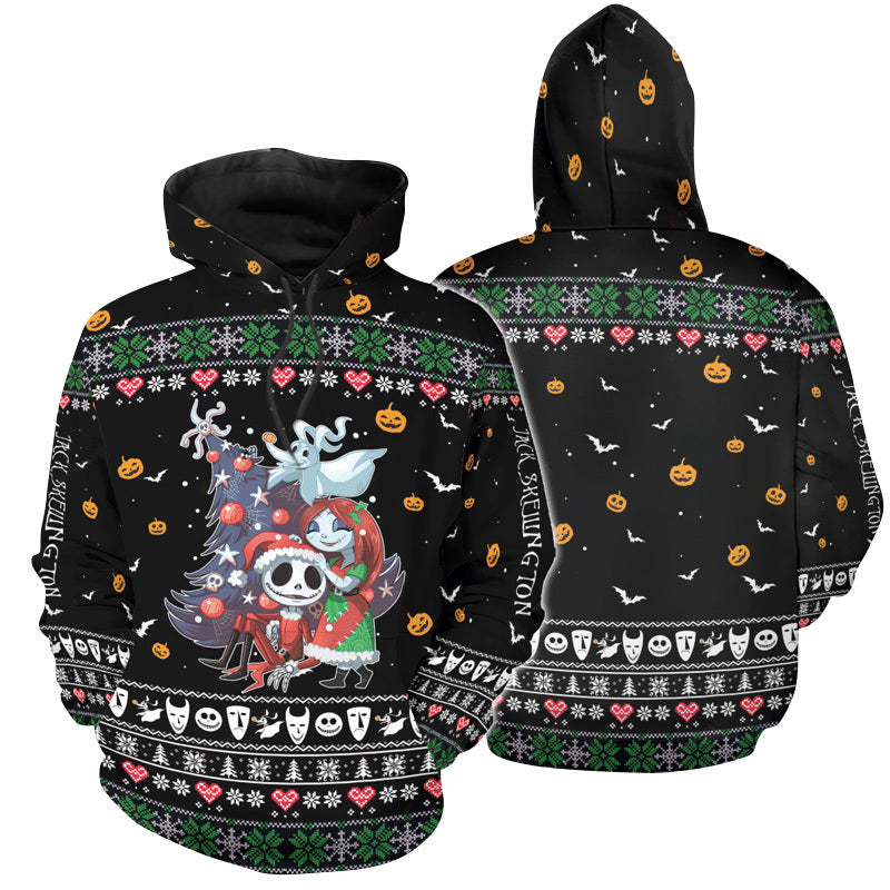 Merry Christmas Jack Skellington Sally Zero Aop Hoodie, Jack Skellington Family Pullover Hooded Sweatshirt, Jack & Sally Christmas Unisex Hoodie