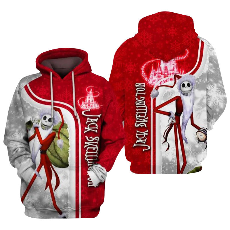 Jack Skellington Santa Costume 3D Print Hoodie, Santa Jack Skellington Pullover Hooded Sweatshirt, Xmas Jack Skellington Red White Unisex Hoodie