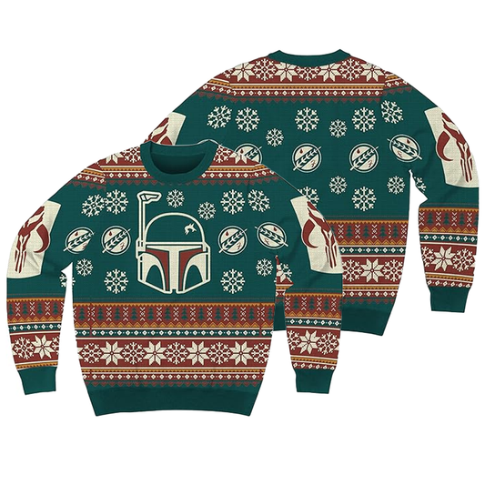 Star Wars Boba Fett The Mandalorian Ugly Sweater, Boba Fett Snowy Christmas Ugly Sweater, Star Wars Christmas Crewneck Knitted Ugly Sweater