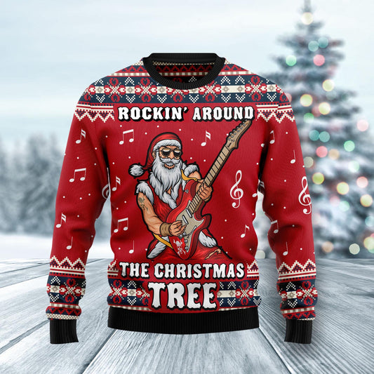 Rockin' Around The Christmas Tree Ugly Christmas Sweater, Funny Santa Guitar Rock N Roll Ugly Sweater, Music Lover Crewneck Knitted Ugly Sweater