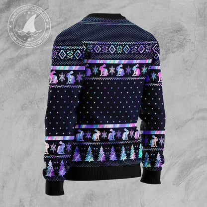 Colorful Rabbit Hologram Ugly Christmas Sweater, Watercolor Rabbit All-over Printed Ugly Sweater, Rabbit Lover Xmas Crewneck Knitted Ugly Sweater