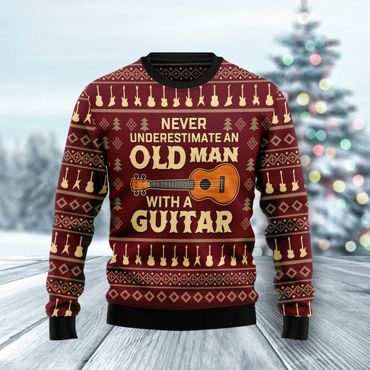 Never Underestimate An Old Man With A Guitar Ugly Christmas Sweater, Guitar Vintage Aop Ugly Sweater, Guitar Lover Crewneck Knitted Ugly Sweater