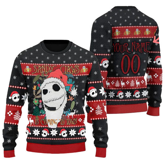 Personalized Sandy Claws Is Coming To Town Ugly Sweater, Santa Jack Snowy Christmas Ugly Sweater, Jack Skellington Crewneck Knitted Ugly Sweater