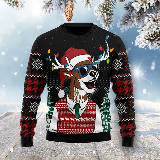 Amazing Deer Ugly Christmas Sweater, Lights Up Christmas Reindeer Ugly Sweater, Christmas Pattern All-over Print Crewneck Knitted Ugly Sweater