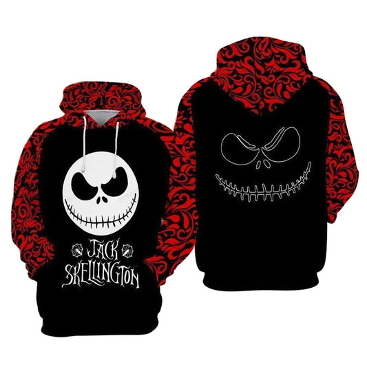 Nightmare Jack Skellington Black & Red 3D Hoodie, Jack Skellington Pullover Hooded Sweatshirt, Horror Jack Skellington 3D Printed Unisex Hoodies