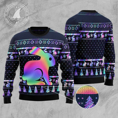 Colorful Rabbit Hologram Ugly Christmas Sweater, Watercolor Rabbit All-over Printed Ugly Sweater, Rabbit Lover Xmas Crewneck Knitted Ugly Sweater