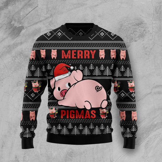 Santa Pig Merry Pigmas Ugly Christmas Sweater, Cute Pig With Santa Hat Christmas Ugly Sweater, Pink Pig Christmas Crewneck Knitted Ugly Sweater