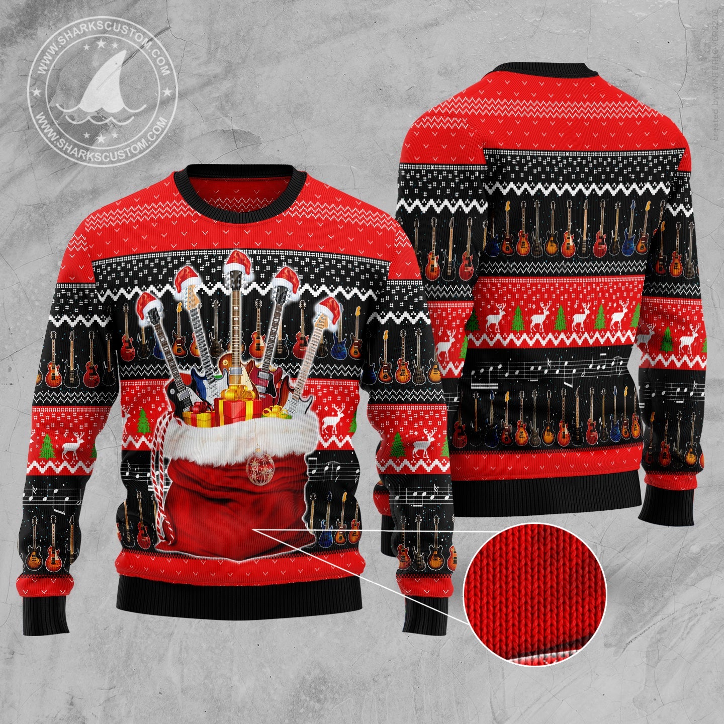 Group Of Guitars In Christmas Bag Gift Ugly Sweater, Guitars Xmas 3d Ugly Christmas Sweater, Guitar Lover Christmas Crewneck Knitted Ugly Sweater