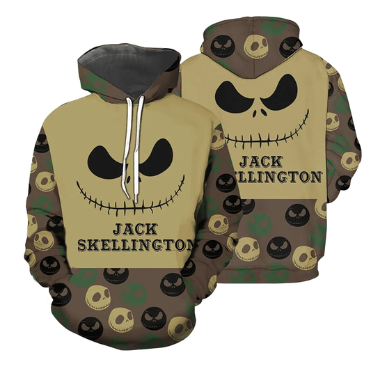 Jack Skellington Camouflage All Over Print Hoodie, Jack Skellington Camo Pullover Hooded Sweatshirt, Jack Skellington Camo Prints Unisex Hoodie