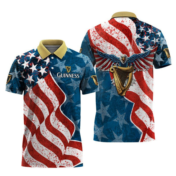 Guinness Beer American Flag Eagle 3d Polo Shirt, Guinness Beer Us Flag All Over Print Polo Shirt, Guinness Beer Patriotic Men's Polo Shirt