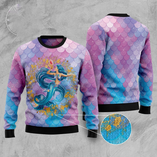 Beautiful Mermaid Ugly Christmas Sweater, Sparkle Mermaid Scales All Over Printed Ugly Sweater, Mermaid Prints Crewneck Knitted Ugly Sweaters