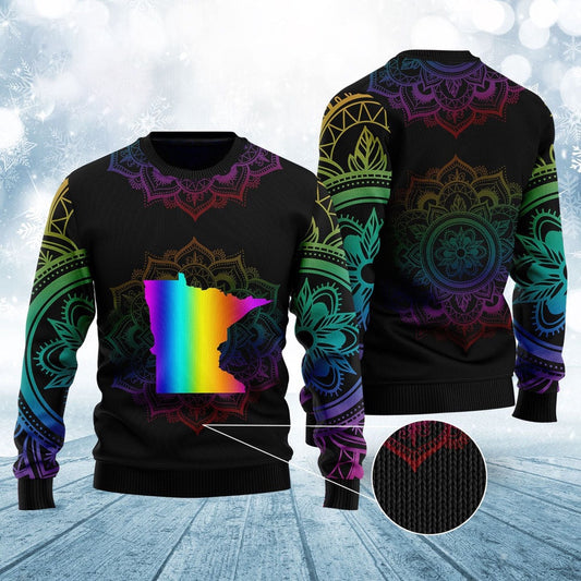 Colorful Gradient Minnesota Map Ugly Christmas Sweater, Minnesota Mandala Pattern Black Ugly Sweater, Minnesota Map Mandala Knitted Ugly Sweater