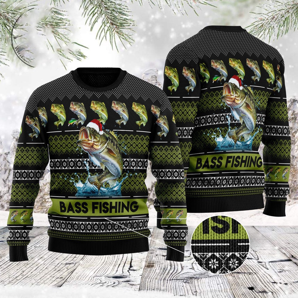 Bass Fishing All-over Print Ugly Christmas Sweater, Bass Fish With Santa Hat Christmas Ugly Sweater, Bass Fish Black Green Knitted Ugly Sweater