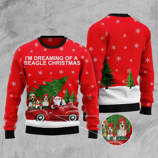 Dreaming Of Beagle Christmas Red Ugly Sweater, Beagle And Santa Red Truck Ugly Christmas Sweater, Christmas Snowflakes Aop Knitted Ugly Sweater