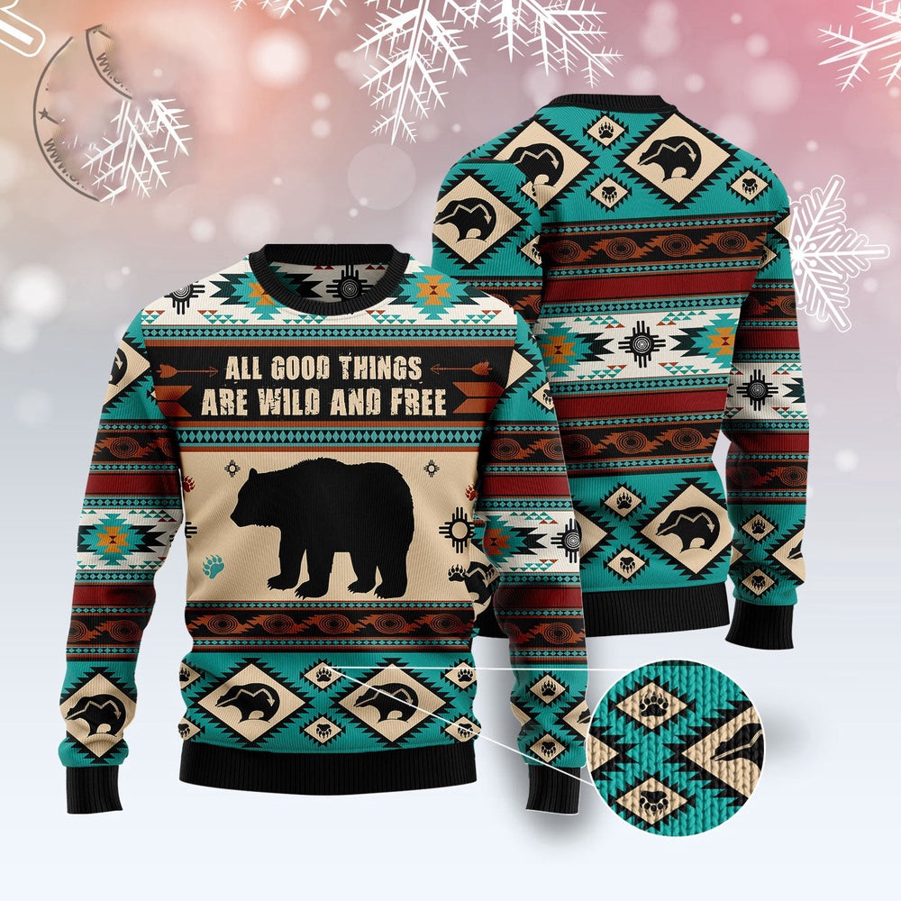 Bear Wild And Free Ugly Christmas Sweater, Bear Native Pattern All Over Print Ugly Sweater, Native Bear Printed Crewneck Knitted Ugly Sweater