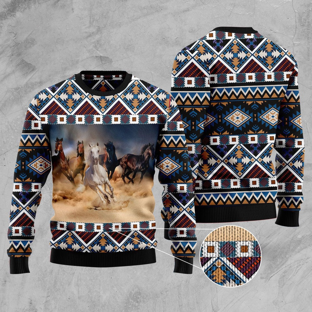Horses At A Gallop 3d Printed Ugly Christmas Sweater, Beautiful Horses Native Pattern Ugly Sweater, Horses Printed Crewneck Knitted Ugly Sweater