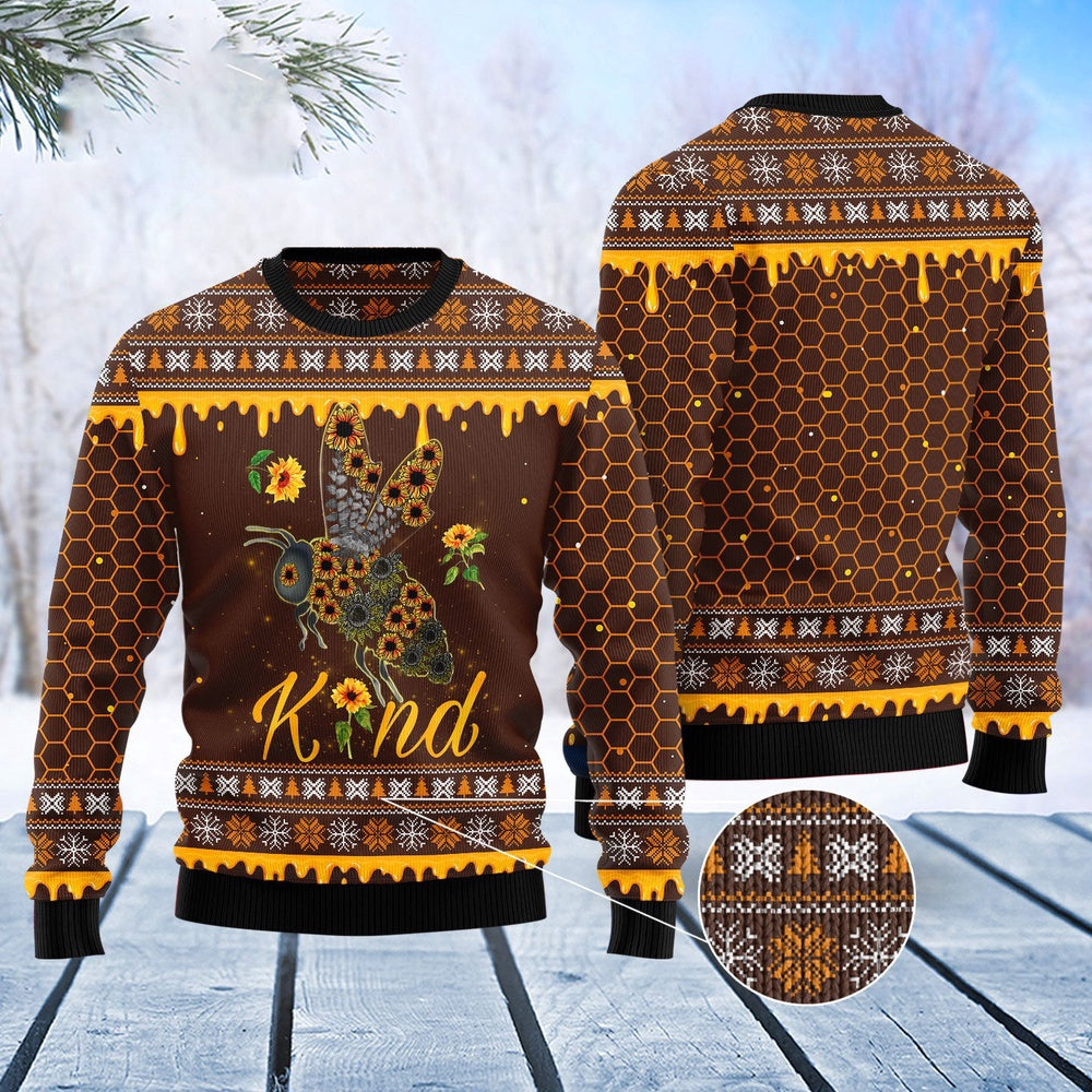 Bee Kind Sunflower Ugly Christmas Sweater, Beehive Pattern All Over Printed Ugly Sweater, Sunflowers Honey Bee Crewneck Knitted Ugly Sweater