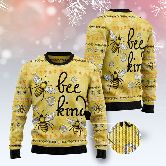 Bee Kind Yellow Ugly Christmas Sweater, Honey Bee Daisy Flower All Over Print Ugly Sweater, Bee Kind Bee Pattern Crewneck Knitted Ugly Sweater