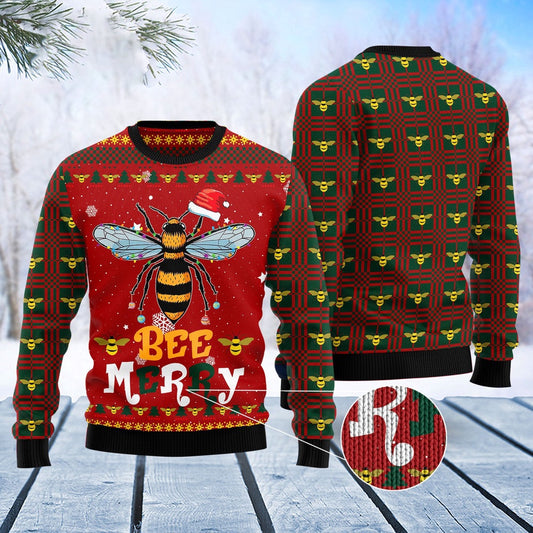 Bee Merry Christmas Red Ugly Christmas Sweater, Bee Santa Hat Xmas Pattern All Over Print Ugly Sweater, Xmas Bee Crewneck Knitted Ugly Sweater