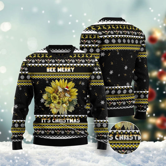 Bee Merry It's Christmas Bee Sunflower Ugly Sweater, Sunflower Bee All Over Print Xmas Ugly Sweater, Xmas Bee Knitted Yellow Black Ugly Sweater