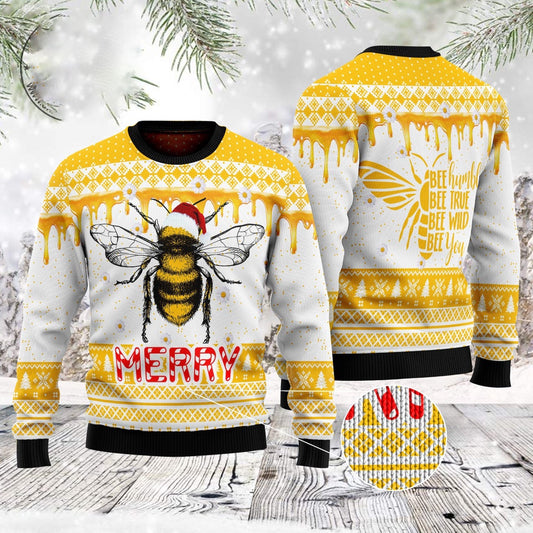 Bee Merry Santa Hat Ugly Christmas Sweater, Honey Bee All Over Printed Christmas Ugly Sweater, Xmas Santa Bee Crewneck Knitted Ugly Sweater