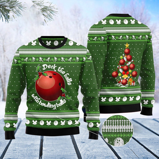 Deck The Halls With Bowling Balls Ugly Christmas Sweater, Christmas Bowling All-over Print Green Ugly Sweater, Bowling Xmas Knitted Ugly Sweater