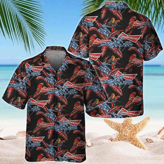 Budweiser Tropical Leaf Parrot Hawaiian Shirt, Tropical Budweiser Beer Short Sleeve Button Down Shirt, Budweiser Tropical Summer Aloha Shirts