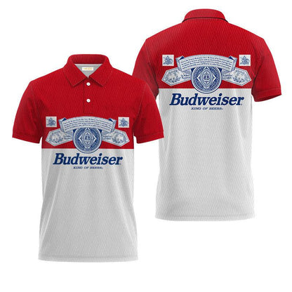 Budweiser King Of Beer Polo Shirt, Budweiser Beer Logo 3d All Over Print Polo Shirts, Red And White Budweiser Beer 3d Men's Polo Shirt